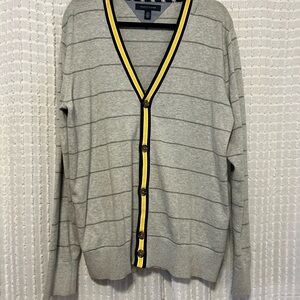 Tommy Hilfiger Mens XL Button Up Cardigan Sweater Gray Striped V Neck